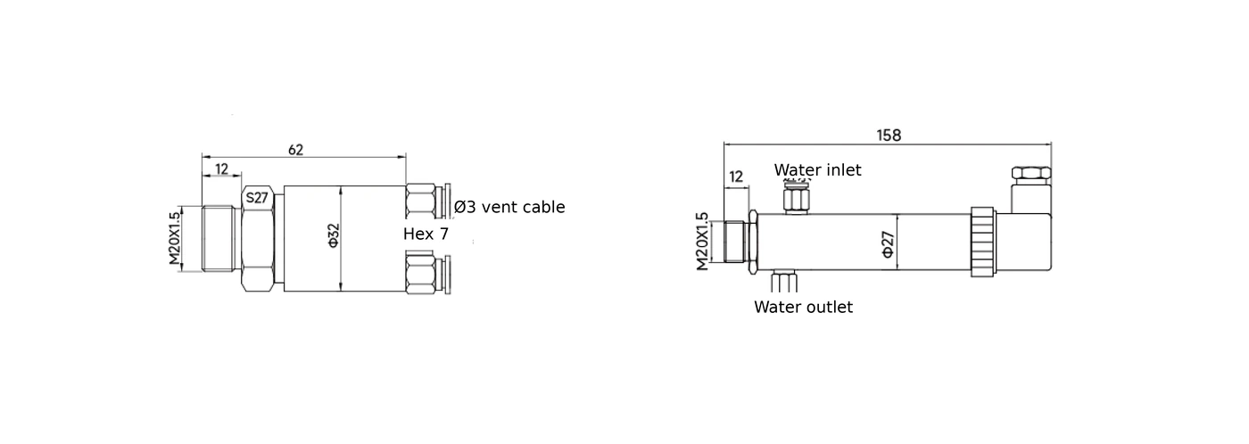 CYG409 water-cooled dynamic pressure sensor outline dimensions — left: standard cased body (Φ32×62 mm, M20×1.5 mount, Φ3 vent cable); right: water-cooled jacket (Φ27×158 mm, M20×1.5 mount, water in/out ports). Source: sqsensor 409.pdf page 1.