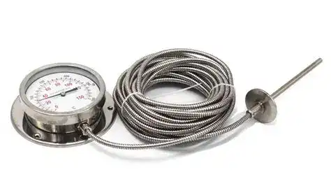 WSS-series cable-type bimetallic thermometer — remote-reading variant with the dial mounted away from a high-temperature stem pocket