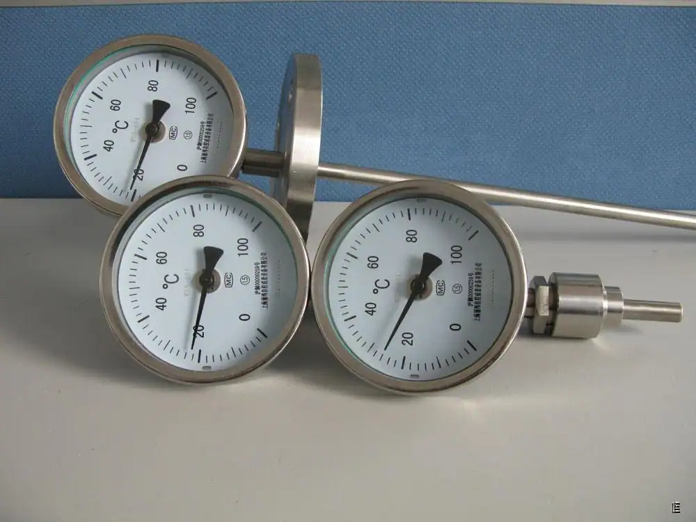 Customized bimetallic dial thermometer made by HMK-TECH — WSS-series industrial bimetallic thermometer with stainless steel stem and adjustable orientation
