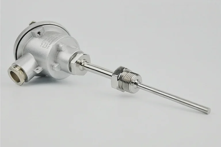 Assembled Type E thermocouple with stainless terminal head, thermowell, and threaded process connection